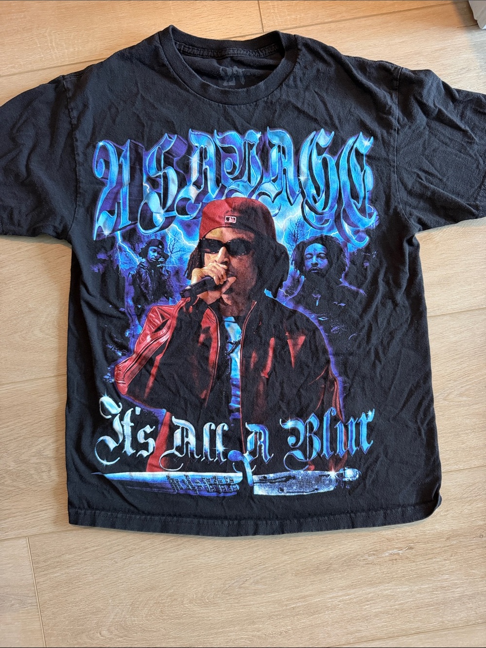 Black Graphic Tee with Blue & Red Print